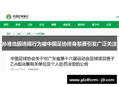 孙准浩因违规行为被中国足协终身禁赛引发广泛关注