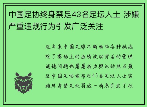 中国足协终身禁足43名足坛人士 涉嫌严重违规行为引发广泛关注