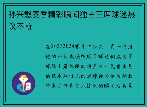 孙兴慜赛季精彩瞬间独占三席球迷热议不断
